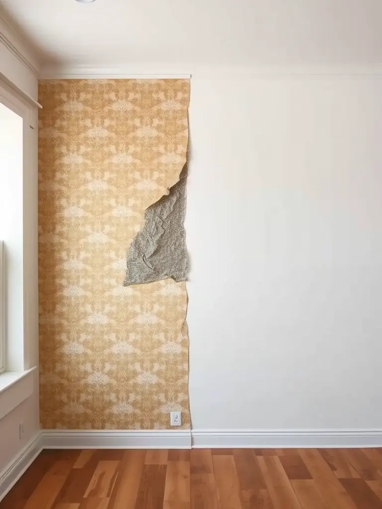 A before-and-after shot of a wall, showing old wallpaper being removed to reveal a smooth, paint-ready surface, demonstrating NIAZ PAINTING's wallpaper removal service.