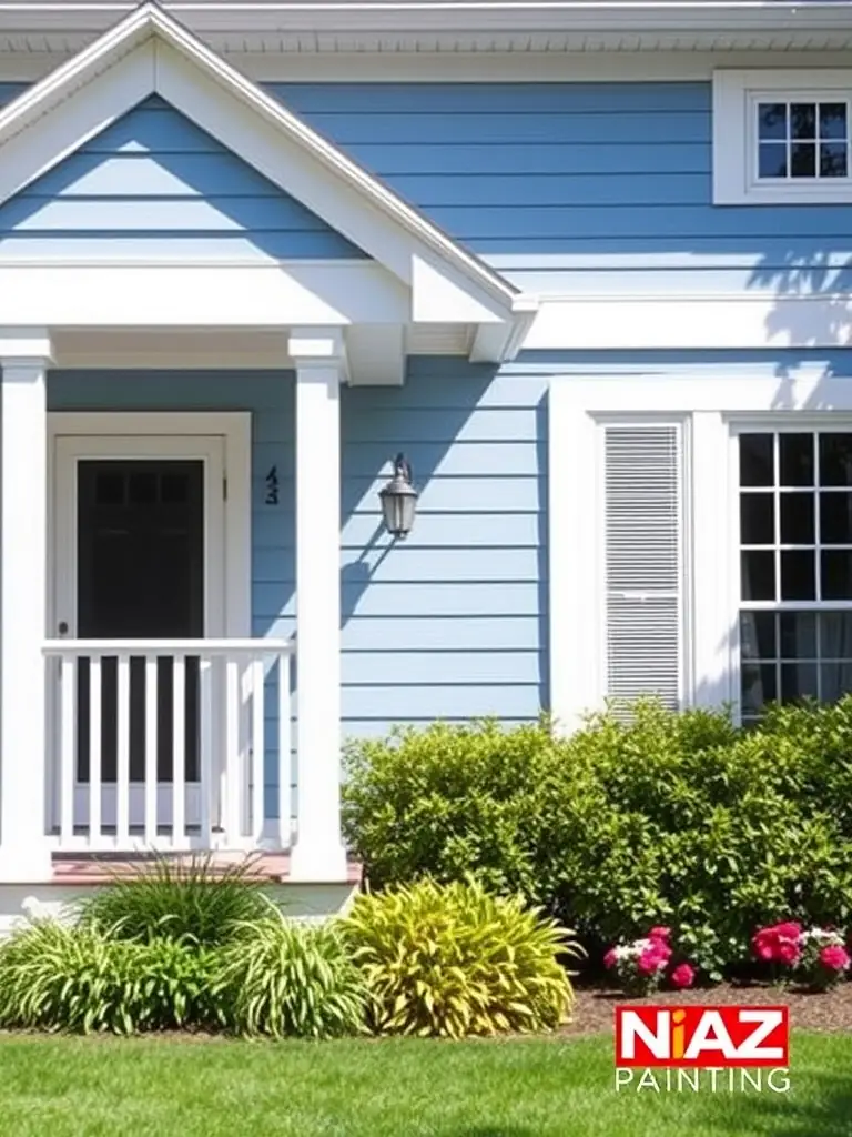 A house exterior with newly painted siding in a light blue color and white trim, highlighting the quality and durability of NIAZ PAINTING's exterior painting services.