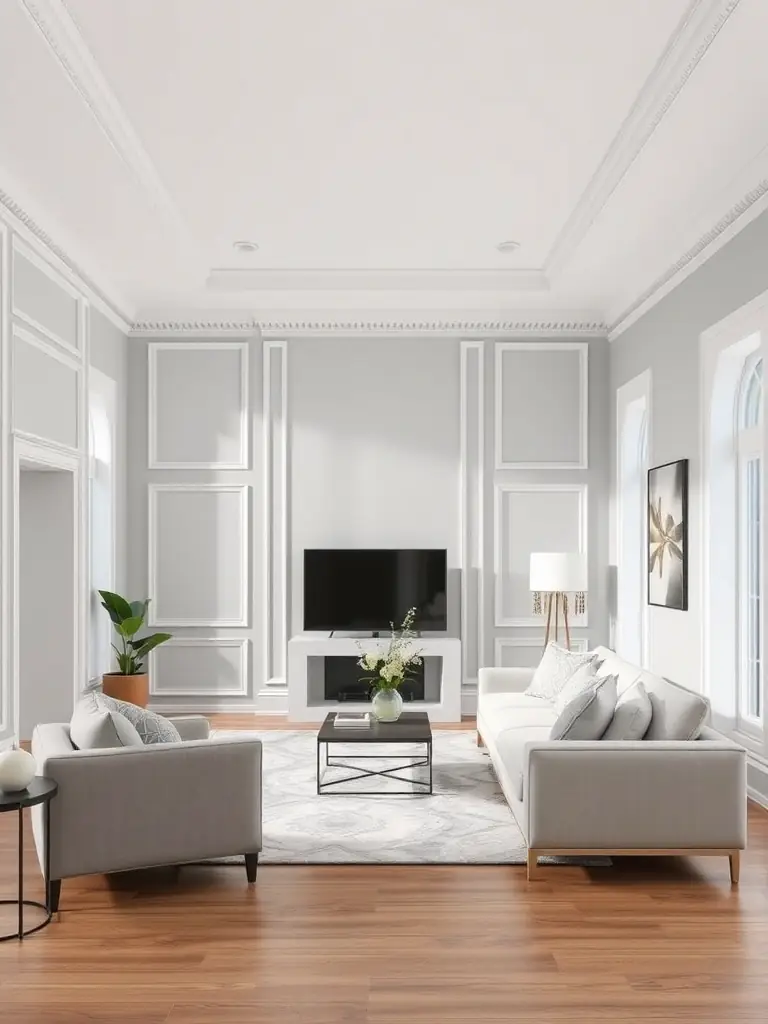 A freshly painted living room with light gray walls, white trim, and modern furniture, showcasing a clean and elegant interior painting job by NIAZ PAINTING.